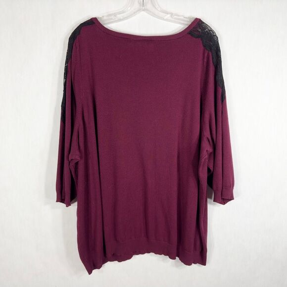 Lane Bryant Plus Size 26 28‎ Top Knit Burgundy Black Lace Sweater V Neck 639 - Picture 3 of 10